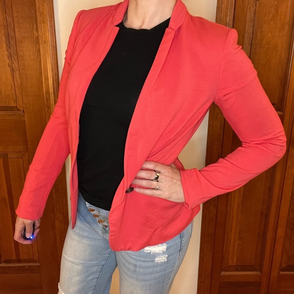 Zara Basics M Classic Blazer Red Coral Button Jacket Preppy Work School Office